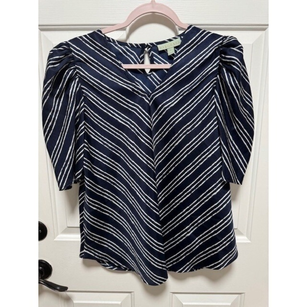 RYEGRASS Navy with white stripes V neck with keyhole and button in the back